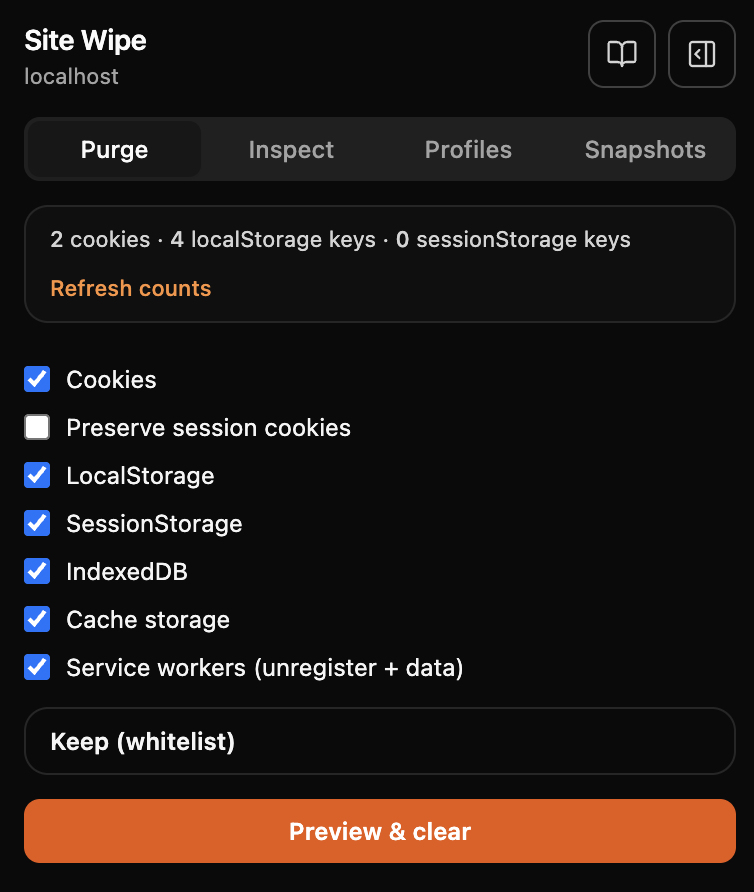 Sitewipe Purge tab — selective clear and counts