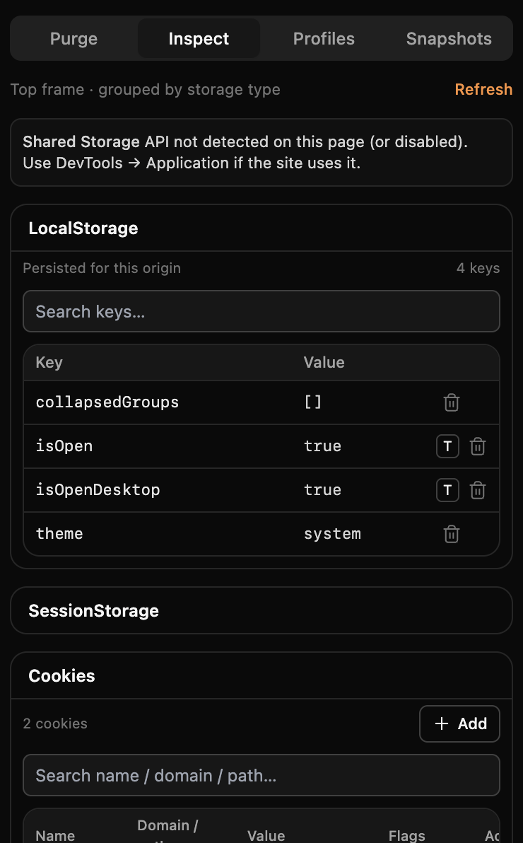 Sitewipe Inspect tab — storage and cookies